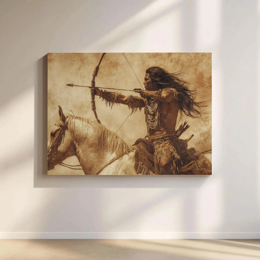 Native American Warrior Wall Art | Horseback Archer Sepia Print | 1.25 Inch Gallery Wrap Canvas | Western Home Decor Gift for History Lovers
