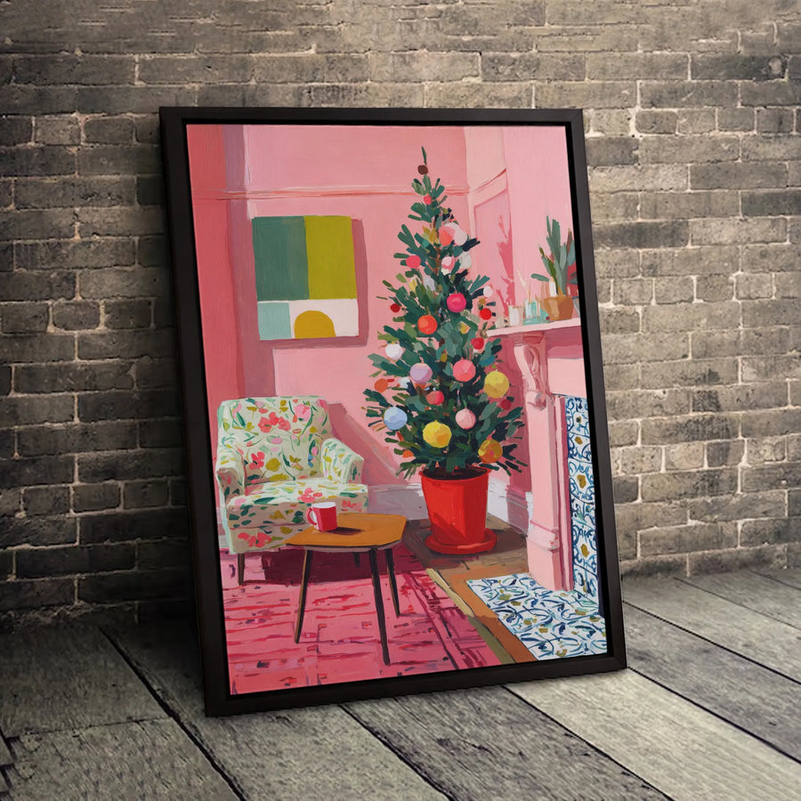 Pink Christmas Living Room Canvas Print | Festive Mid-Century Holiday Decor | Premium Gallery Wrap Wall Art | Seasonal Home Gift for Her