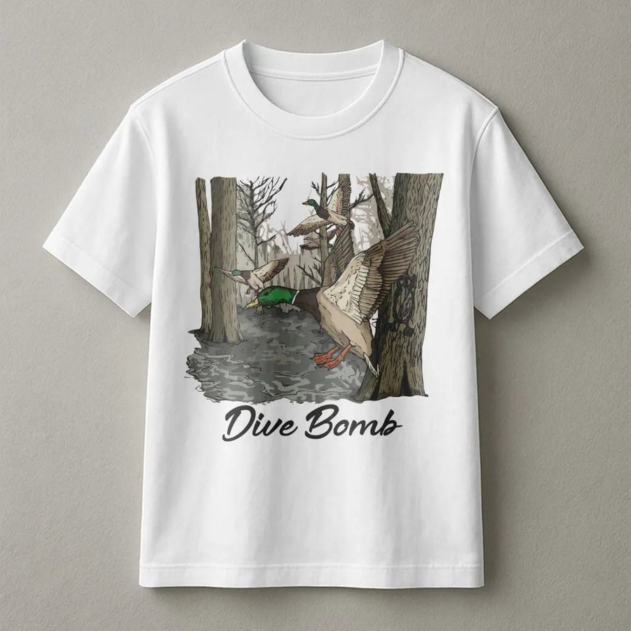 Duck Hunting T-Shirt | Mallard Swamp Dive Bomb Graphic | 100% Cotton Premium Tee | Wildlife Outdoorsman Gift for Hunters