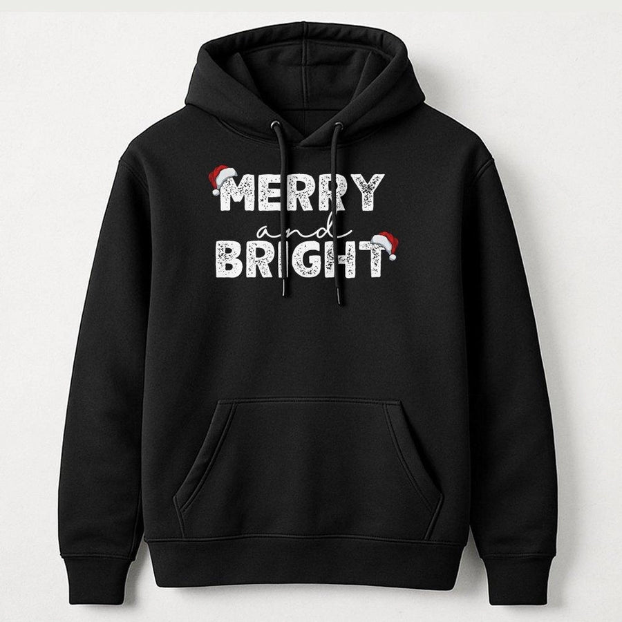 Merry and Bright Christmas Hoodie | Santa Hat Typography Graphic | Premium Cotton Blend | Matching Holiday Couple Sweatshirt Gift for Her Him