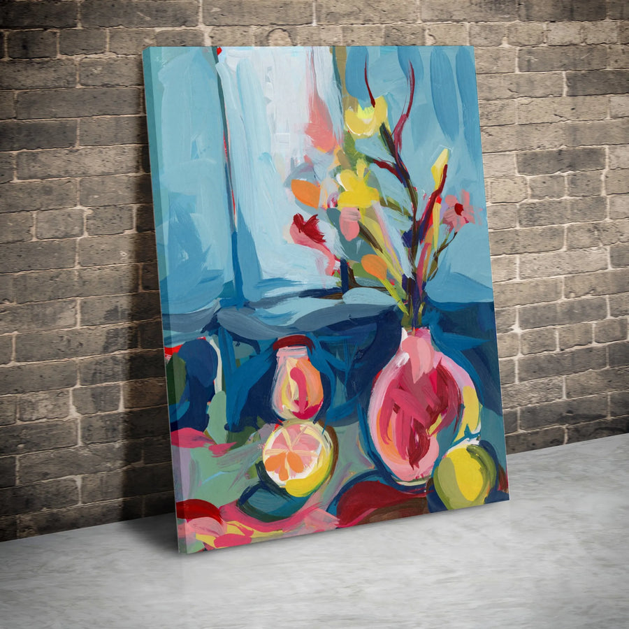 Abstract Still Life Vertical Canvas | Vibrant Floral and Fruit Painting | Premium 1.25" Thick Gallery Wrap | Modern Living Room Wall Art Gift