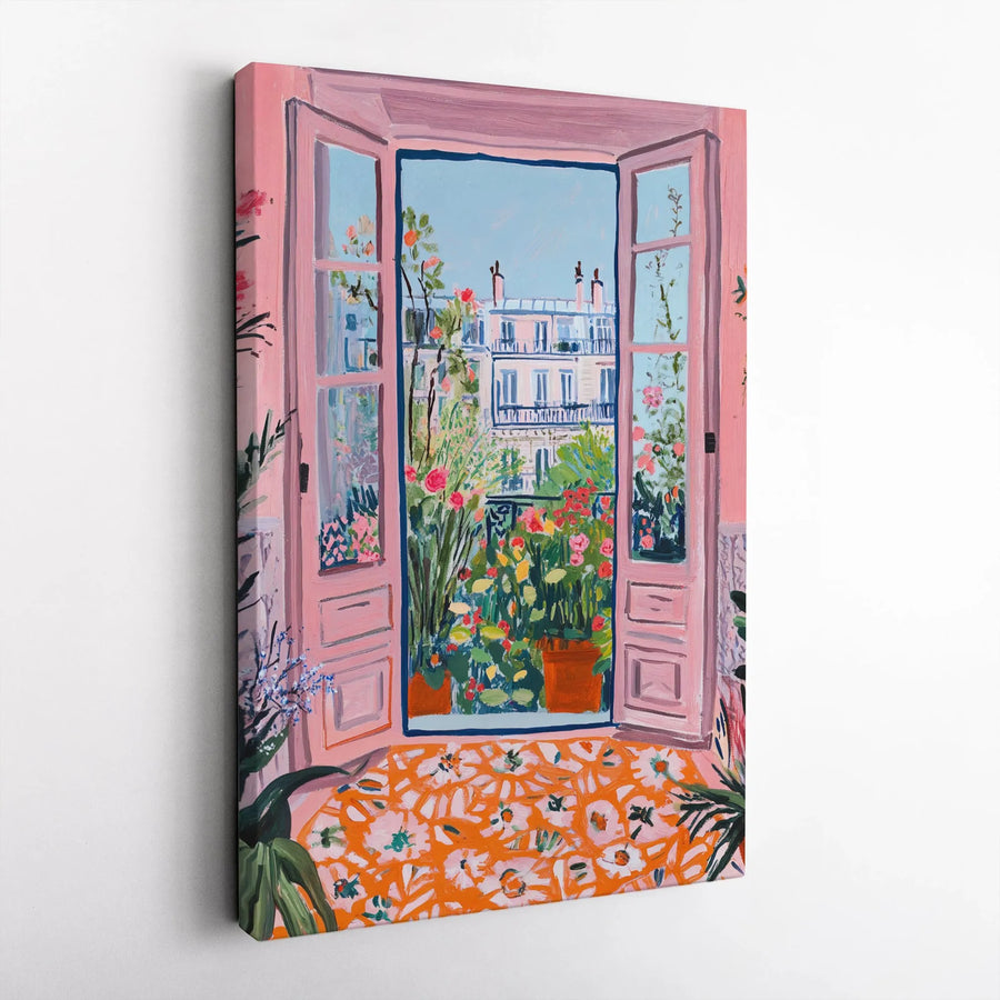 Paris Window View Canvas Print | Vibrant Impressionist Balcony Garden | Premium Gallery Wrapped Canvas | Modern Living Room Wall Art Gift