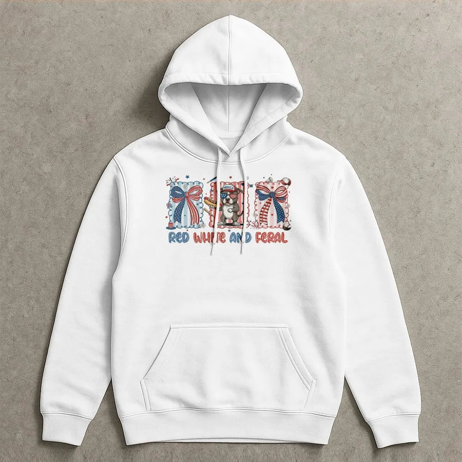 Red White and Feral Hoodie | Funny Patriotic Dog Graphic Sweatshirt | Premium Cotton-Blend Pullover | 4th of July Gift for Dog Mom