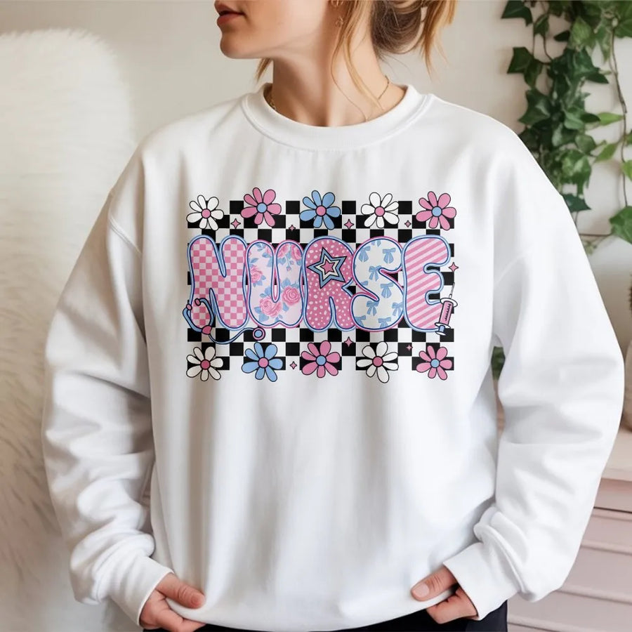 Nurse Sweatshirt | Preppy Checkered Floral Graphic | Premium Cotton Blend | Gift for Nurses RN CNA Graduation