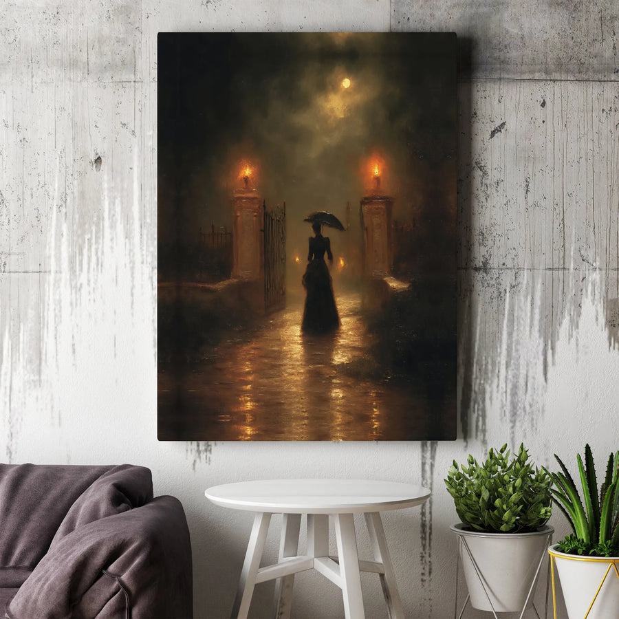 Gothic Victorian Wall Art | Moody Rainy Night Landscape Canvas | Premium Gallery Wrap Decor | Dark Academia Aesthetic Gift for Her