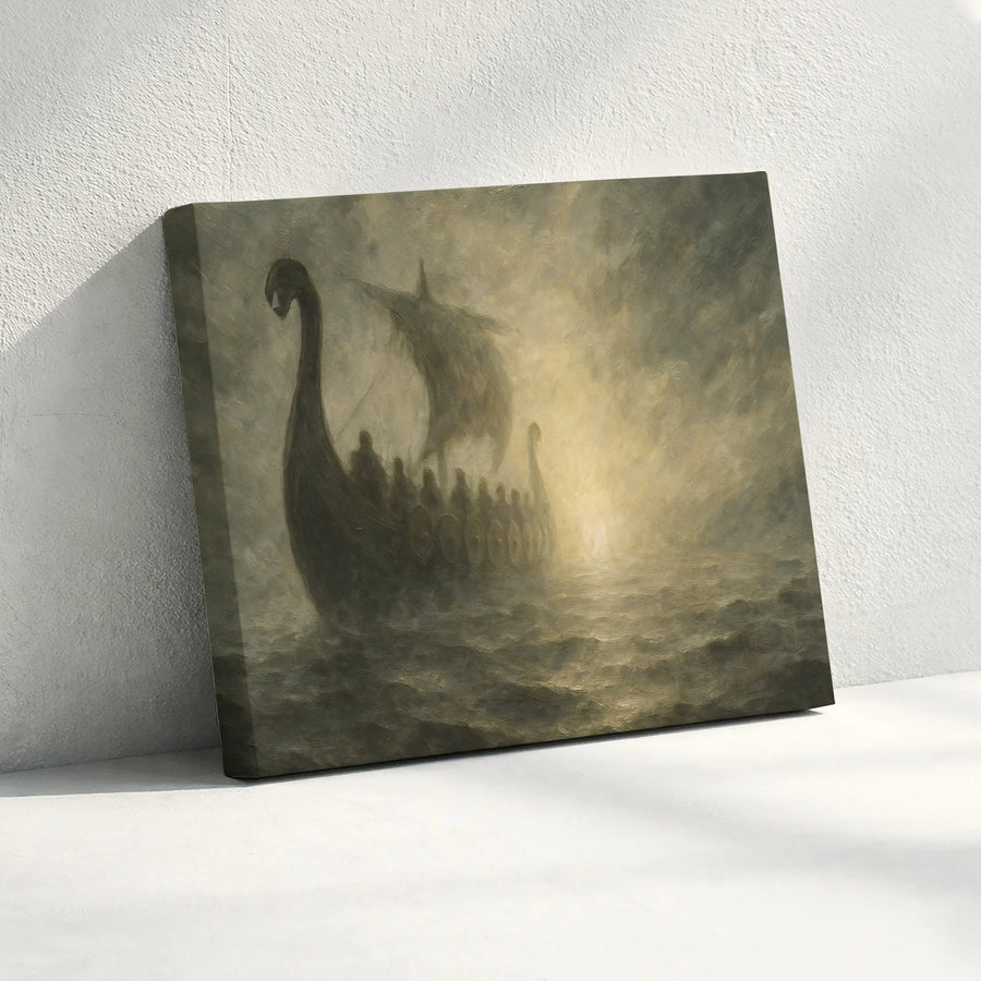 Viking Longship Canvas Art | Moody Misty Ocean Seascape | Premium Gallery-Wrapped Print | Norse Mythology Wall Decor for Men's Office