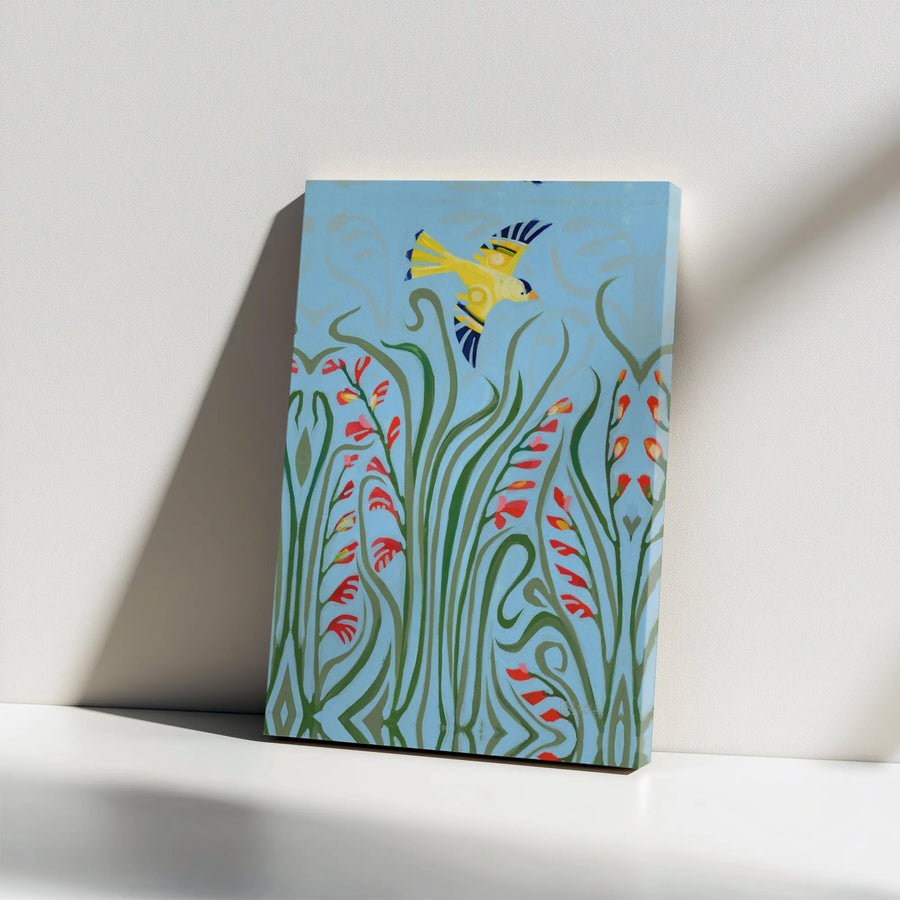 Art Nouveau Bird Canvas Print | Yellow Goldfinch & Floral Meadow | Premium Gallery Wrap Wall Art | Botanical Home Decor Gift for Nature Lover