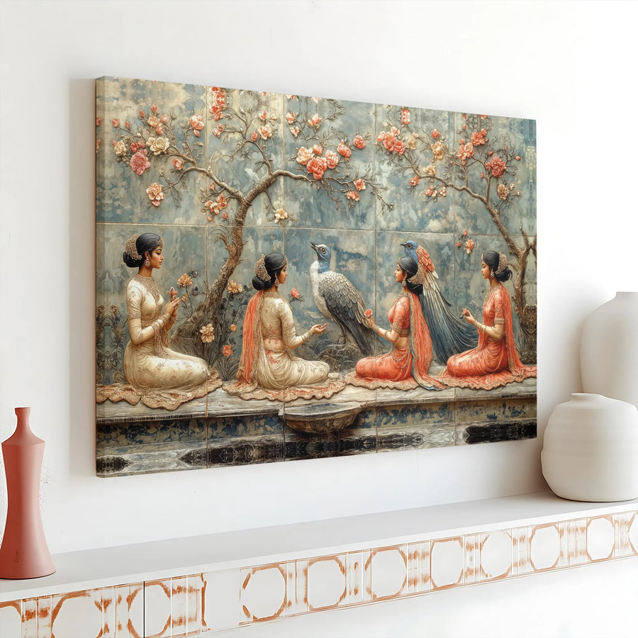 Traditional Indian Art Canvas Print | 3D Relief Style Mughal Garden Scene | Premium Gallery Wrapped Canvas | Cultural Home Decor Gift