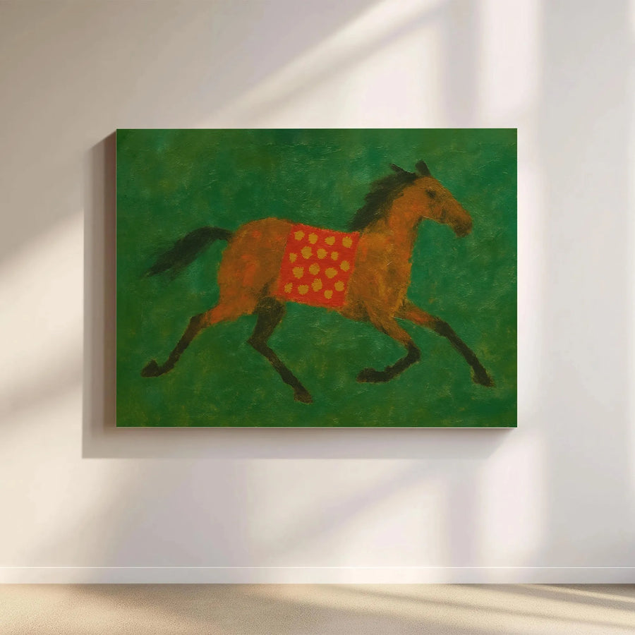 Running Horse Canvas Wall Art | Folk Art Style Equestrian Print | Premium 1.25-Inch Gallery Wrap | Vintage Farmhouse Decor Gift