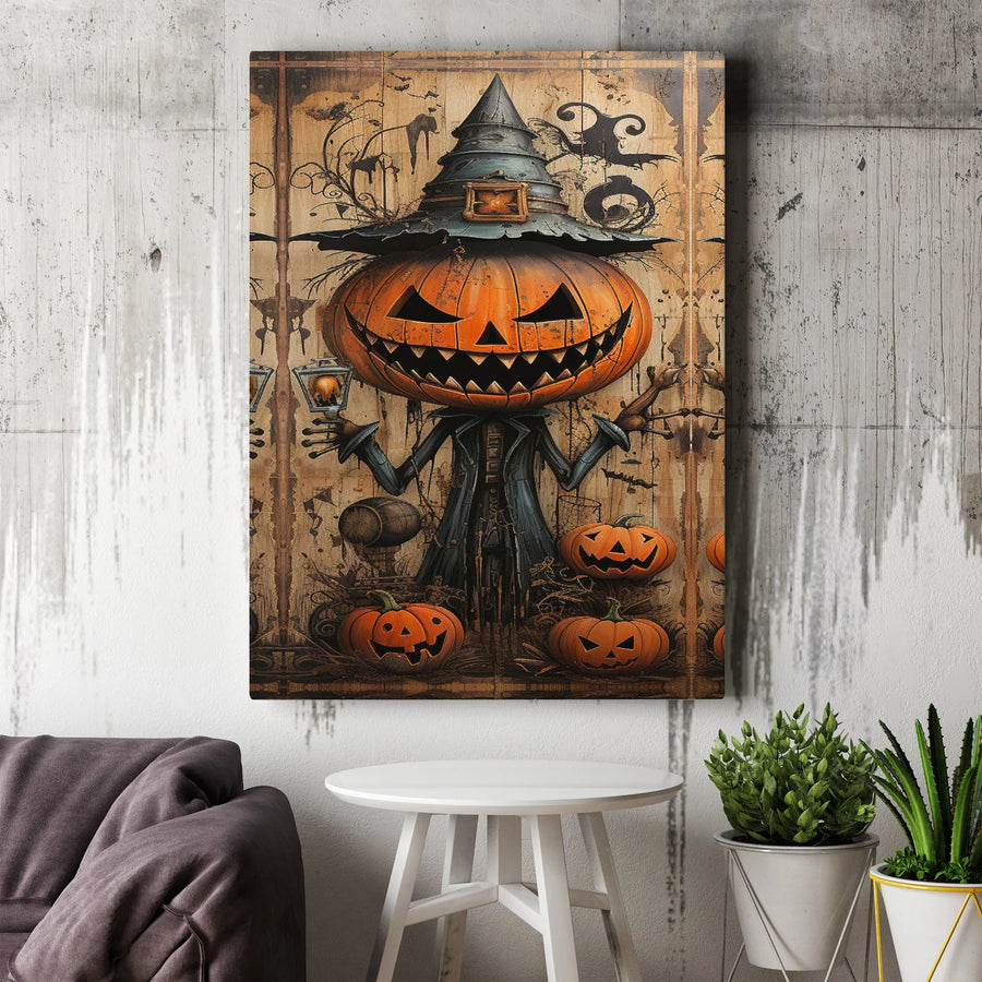 Spooky Pumpkin Scarecrow Canvas Art | Halloween Witch Hat Wall Decor | Premium 1.25" Thick Gallery Wrap | Spooky Home Gift for Halloween Lovers