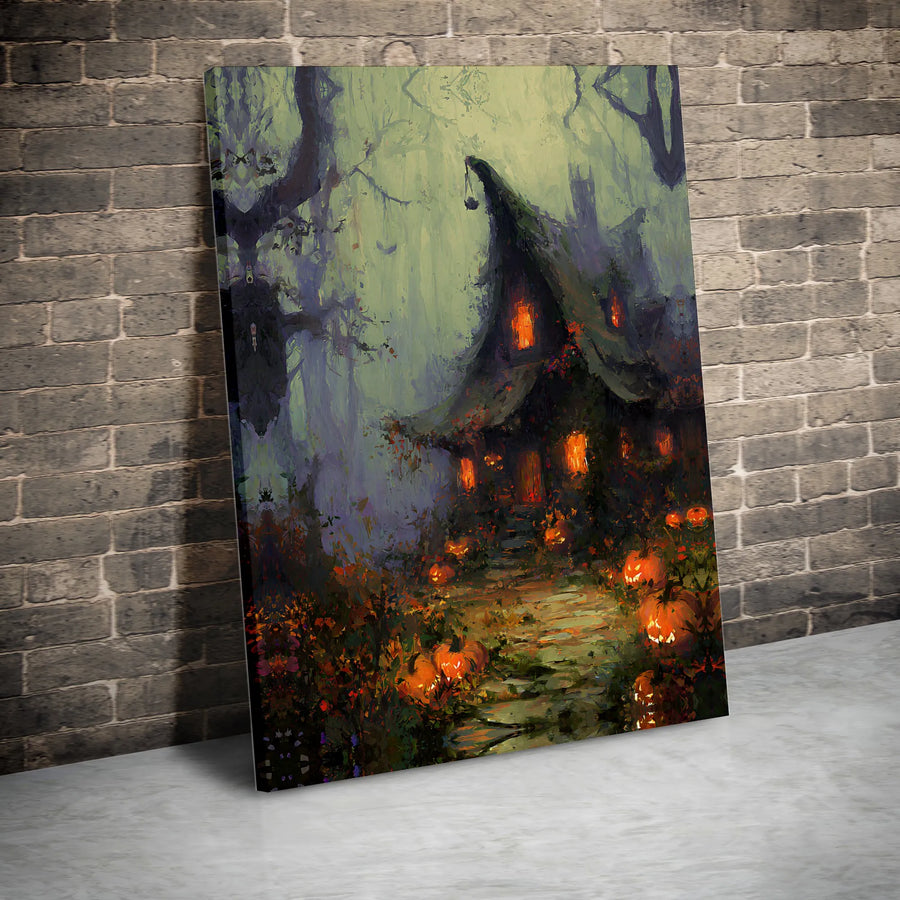 Haunted Witch House Canvas Print | Spooky Forest Jack-O'-Lantern Wall Art | Premium Fade-Resistant Gallery Wrap | Gothic Halloween Home Decor Gift