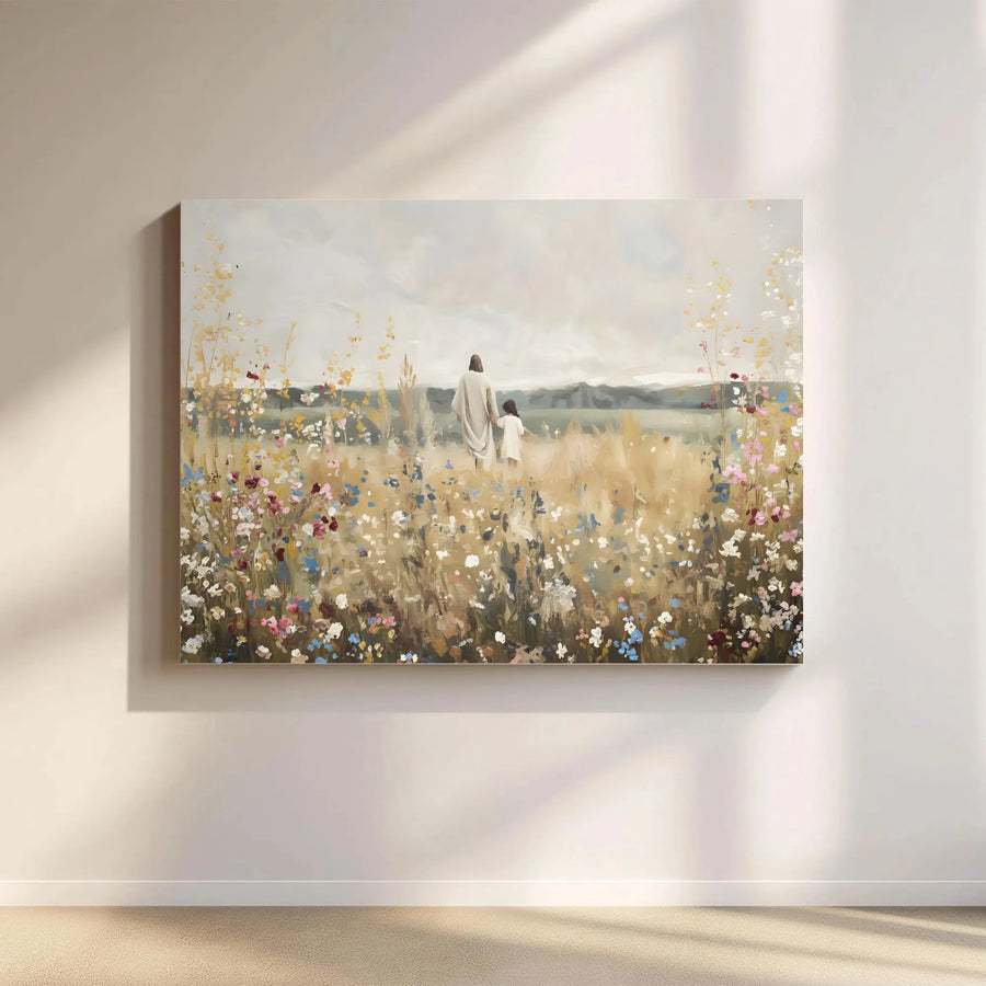 Jesus and Child Canvas Wall Art | Walking in Wildflower Field Print | 1.25 Inch Gallery Wrap | Religious Home Decor Gift