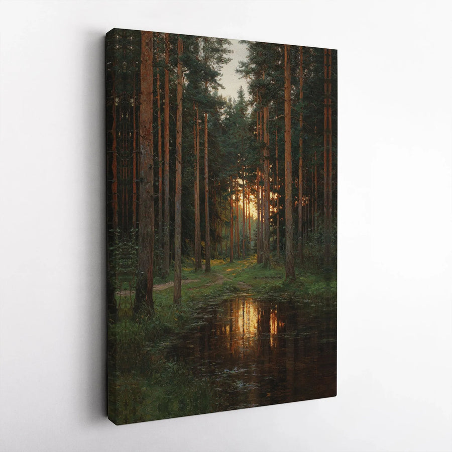 Forest Sunset Canvas Wall Art | Vintage Woodland Scene with Lake Reflection | Premium Fade-Resistant Print | Rustic Home Decor Gift