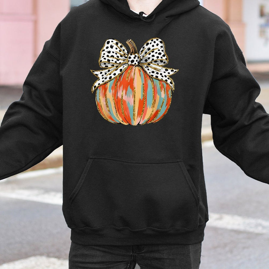 Pumpkin Hoodie with Bow | Cute Coquette Aesthetic Fall Design | Premium Cotton Blend Sweatshirt | Thanksgiving Gift for Women and Teens