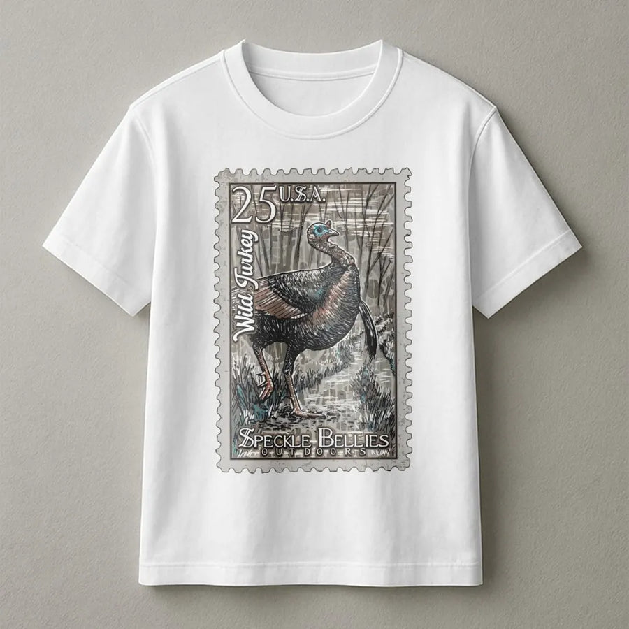 Wild Turkey Hunting T-Shirt | Vintage Postage Stamp Graphic | Premium 100% Cotton | Wildlife Outdoors Gift for Hunters