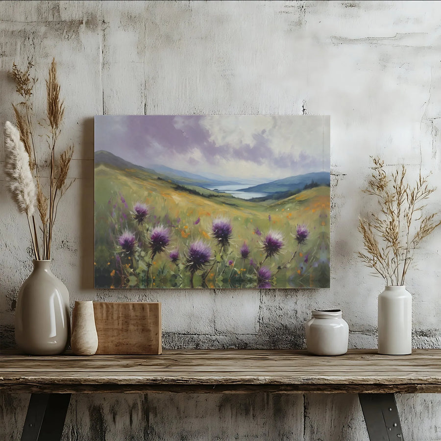Purple Thistle Meadow Landscape Canvas | Highland Lake Mountain View | Premium Gallery-Wrapped Print | Nature-Inspired Home Decor Wall Art