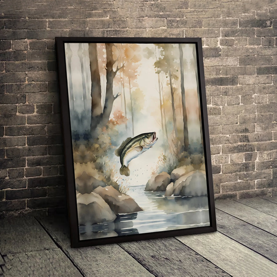 Largemouth Bass Fishing Canvas Art | Watercolor Forest River Print | Premium Gallery Wrapped Decor | Gift for Angler & Fisherman