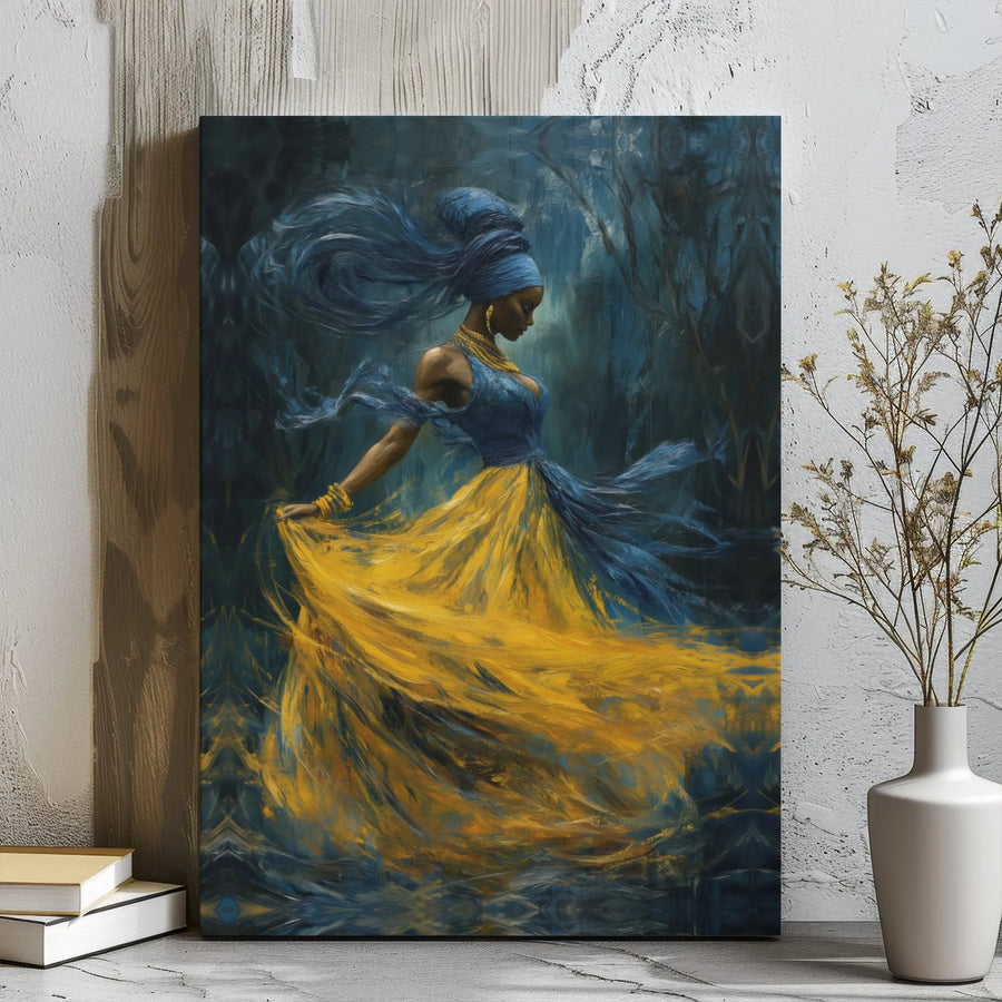 African American Woman Canvas Art | Blue and Yellow Ukrainian Flag Dress Print | Premium 1.25" Gallery Wrap | Inspirational Home Decor Gift