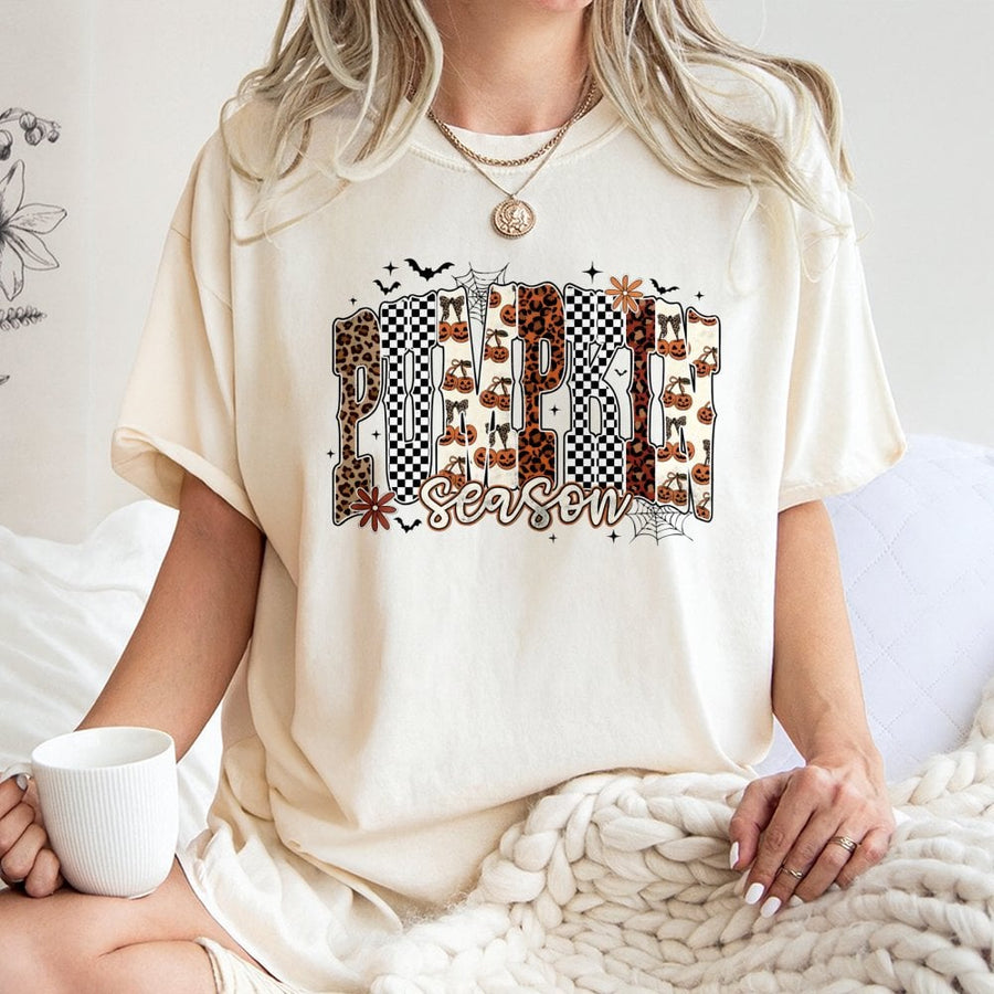 Pumpkin Season T-Shirt | Leopard Checkered Fall Graphic Tee | 100% Cotton Premium Quality | Trendy Thanksgiving Gift for Women and Men