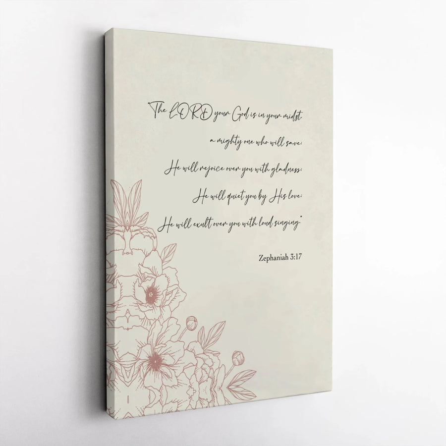 Zephaniah 3:17 Canvas Print | Floral Line Art Bible Verse Wall Decor | Premium 1.25" Gallery Wrap | Inspirational Christian Gift for Home