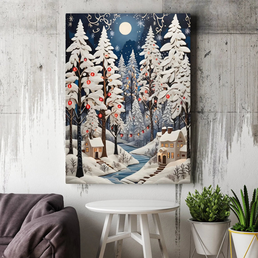 Winter Christmas Village Canvas Wall Art | 3D Papercut Forest Scene | Premium Gallery Wrap Print | Festive Holiday Home Decor Gift