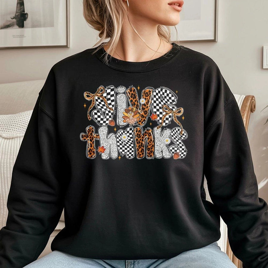 Give Thanks Thanksgiving Sweatshirt | Leopard Print Fall Graphic | Premium Cotton Blend Cozy Crewneck | Trendy Autumn Holiday Gift For Women Men