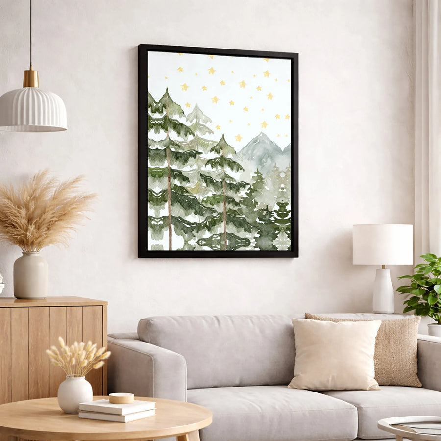 Watercolor Pine Forest Wall Art | Mountain and Stars Landscape Canvas | Premium Fade-Resistant Print | Nature Inspired Modern Home Decor