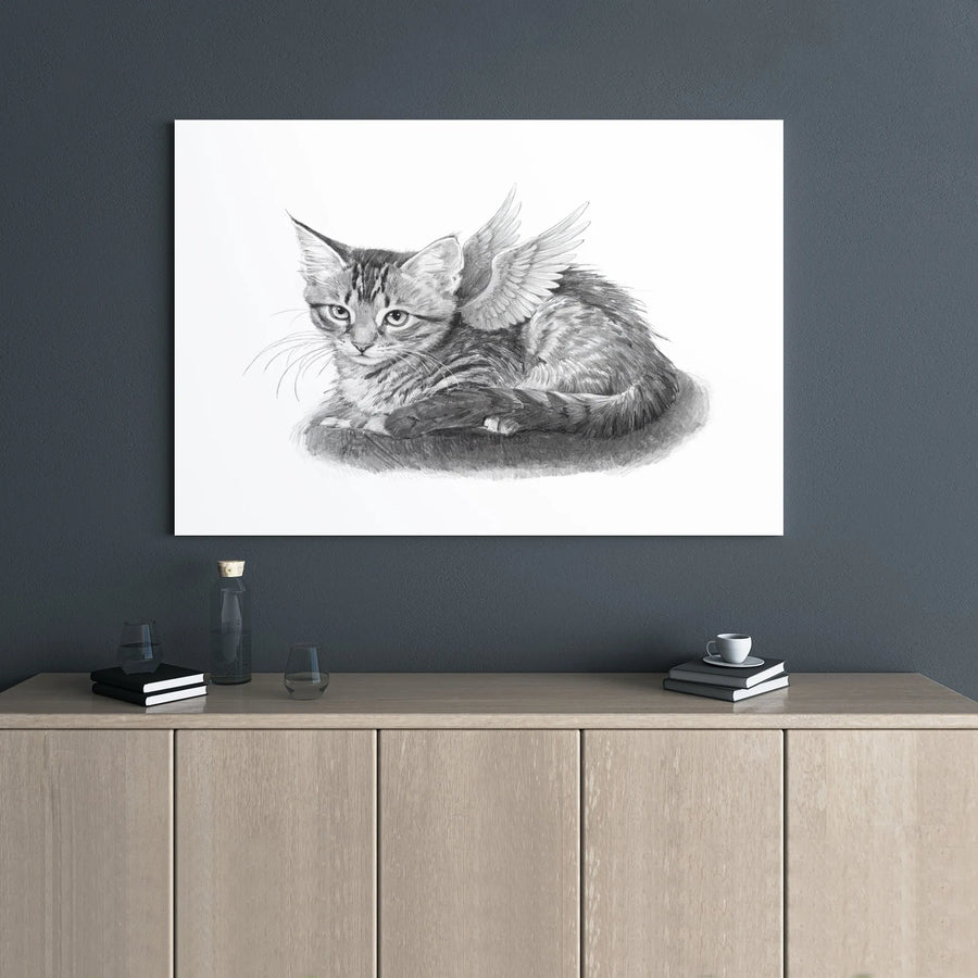 Angel Wing Kitten Canvas Wall Art | Pencil Sketch Tabby Cat Portrait | Premium Gallery Wrap Decor | Memorial Gift for Pet Lovers