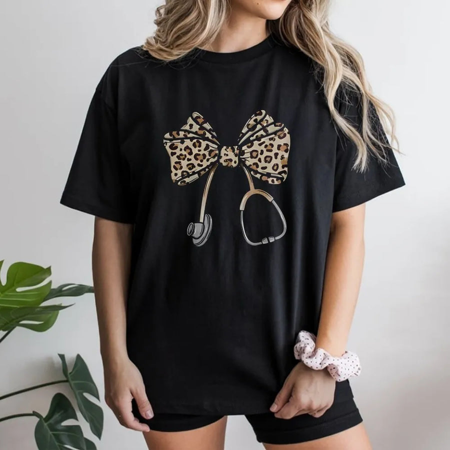 Nurse T-Shirt | Leopard Print Bow Stethoscope Graphic | Premium Soft Cotton | Gift for RN CNA Nursing Student Medical Worker