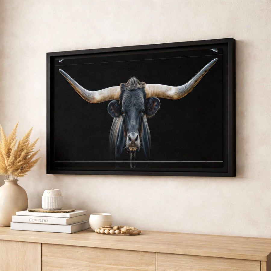 Texas Longhorn Bull Wall Art | Dramatic Minimalist Animal Portrait | Premium Gallery-Wrapped Canvas | Western Farmhouse Home Decor Gift