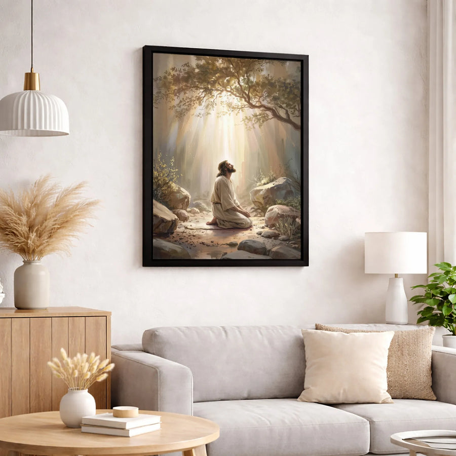 Jesus Kneeling in Prayer Wall Art | Divine Light Garden Forest Canvas | Gallery-Quality Christian Decor | Religious Home Gift for Believers