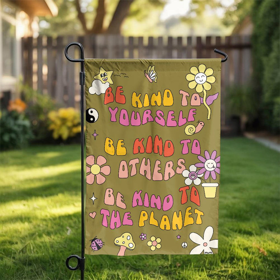 Be Kind Retro Garden Flag | Groovy Hippie Flower Power Yard Decor | Durable Premium Polyester Outdoor Banner | Positive Message Gift for Gardeners