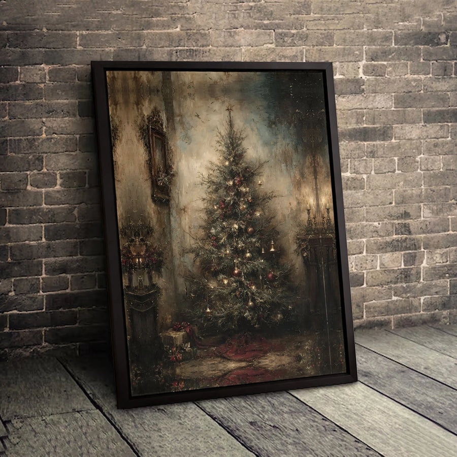 Vintage Christmas Tree Canvas Print | Moody Antique Room Oil Painting Art | 1.25-Inch Thick Gallery Wrap | Holiday Wall Decor Gift for Home