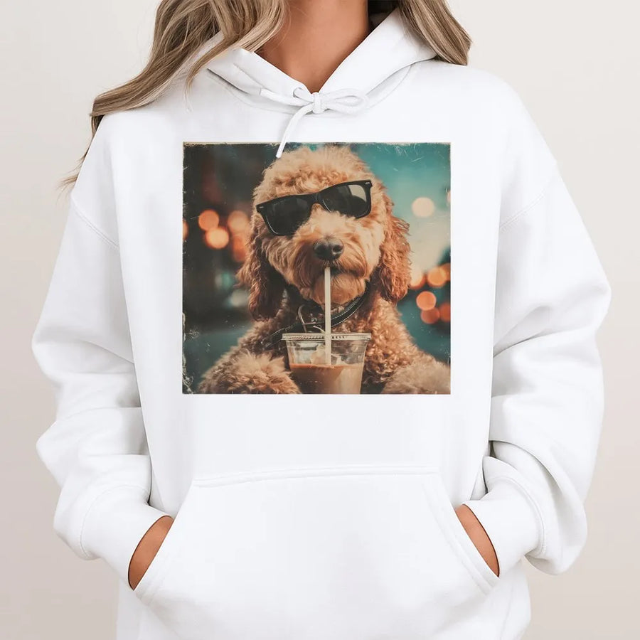 Goldendoodle Iced Coffee Hoodie | Retro Dog Meme Graphic | Premium Cotton Blend | Gift for Dog Mom and Coffee Lover