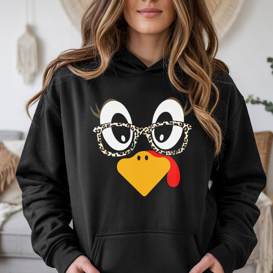 Turkey Thanksgiving Hoodie | Funny Leopard Print Glasses Design | Premium Cotton Blend | Matching Holiday Gift for Women and Family