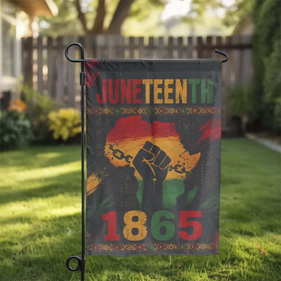 Juneteenth 1865 Garden Flag | Double-Sided African Map & Fist Graphic Yard Banner | Weather-Resistant Premium Polyester | Freedom Day Commemorative Holiday Gift