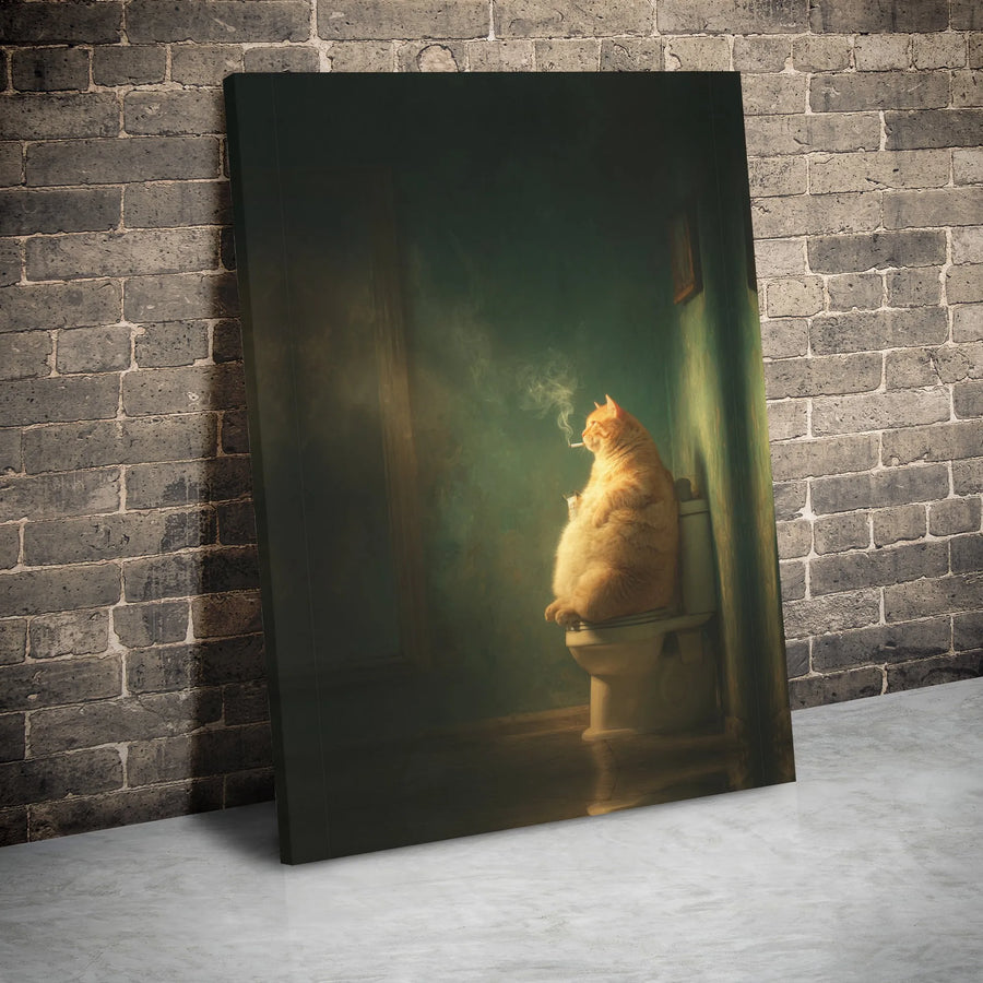 Funny Cat Wall Art | Smoking Orange Tabby on Toilet | Premium Gallery Wrap Canvas | Unique Bathroom Decor Gift for Cat Lovers
