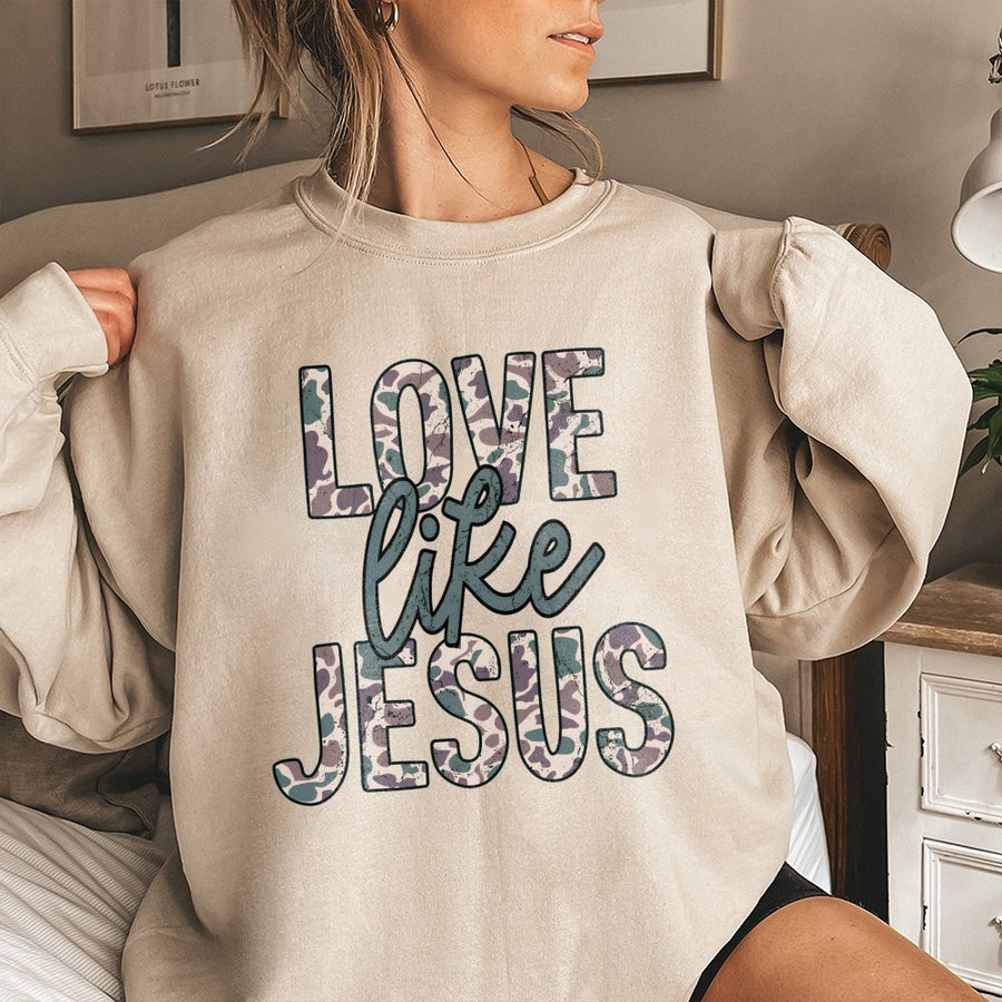 Love Like Jesus Sweatshirt | Camo Print Christian Faith Graphic | Soft Cotton Blend Unisex Pullover | Religious Gift for Women and Men