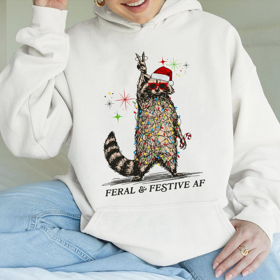 Feral & Festive Raccoon Hoodie | Funny Tangled Lights Graphic | Premium Cotton Blend | Unhinged Ugly Christmas Sweatshirt Gift for Him or Her