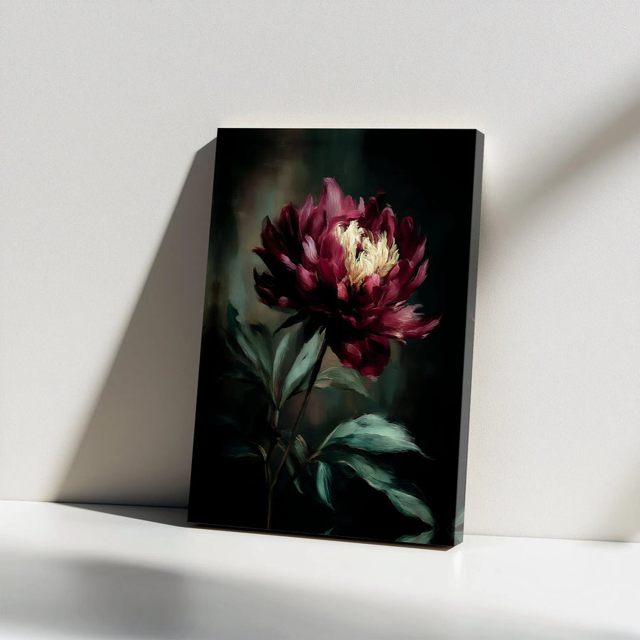 Dark Floral Canvas Wall Art | Vintage Moody Peony Painting | Premium Gallery Canvas | Elegant Home Decor Gift