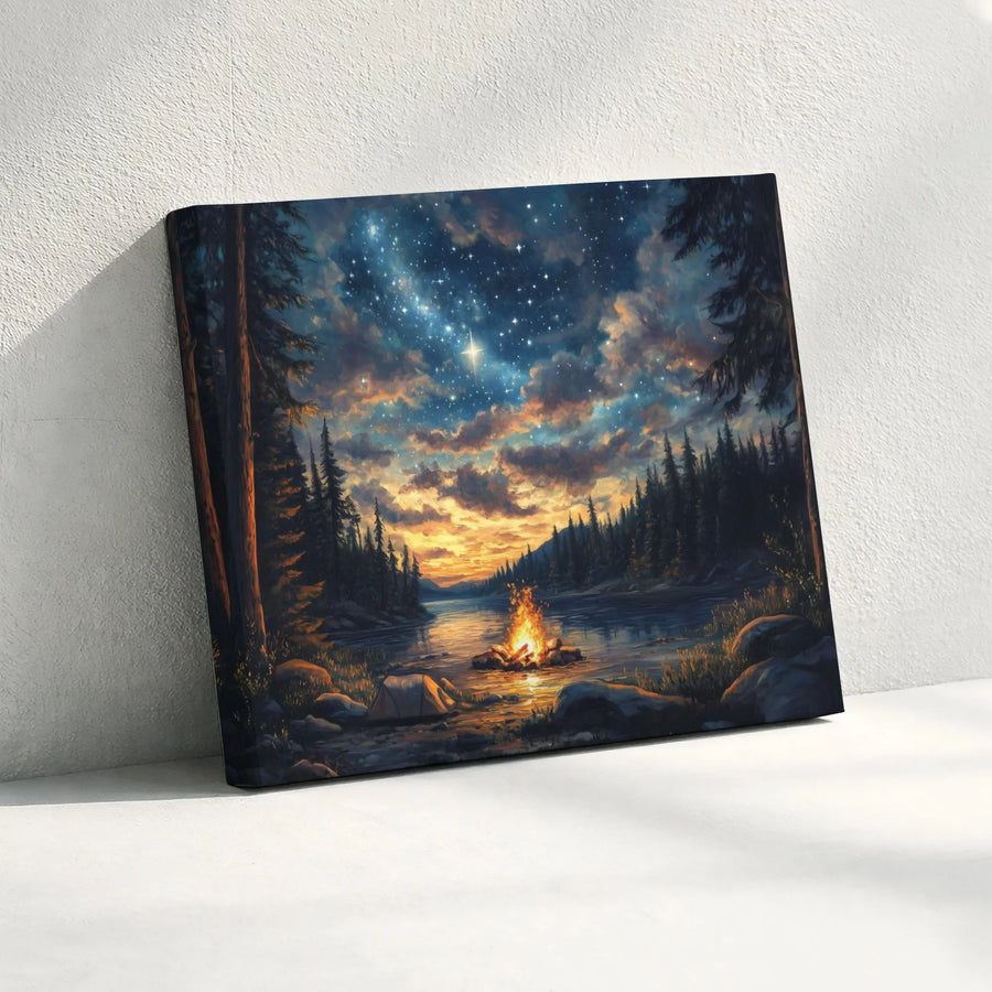 Starry Night Forest Canvas Print | Campfire By The River Landscape Art | Gallery-Quality 1.25" Thick Wall Decor | Nature Lover Cabin Gift