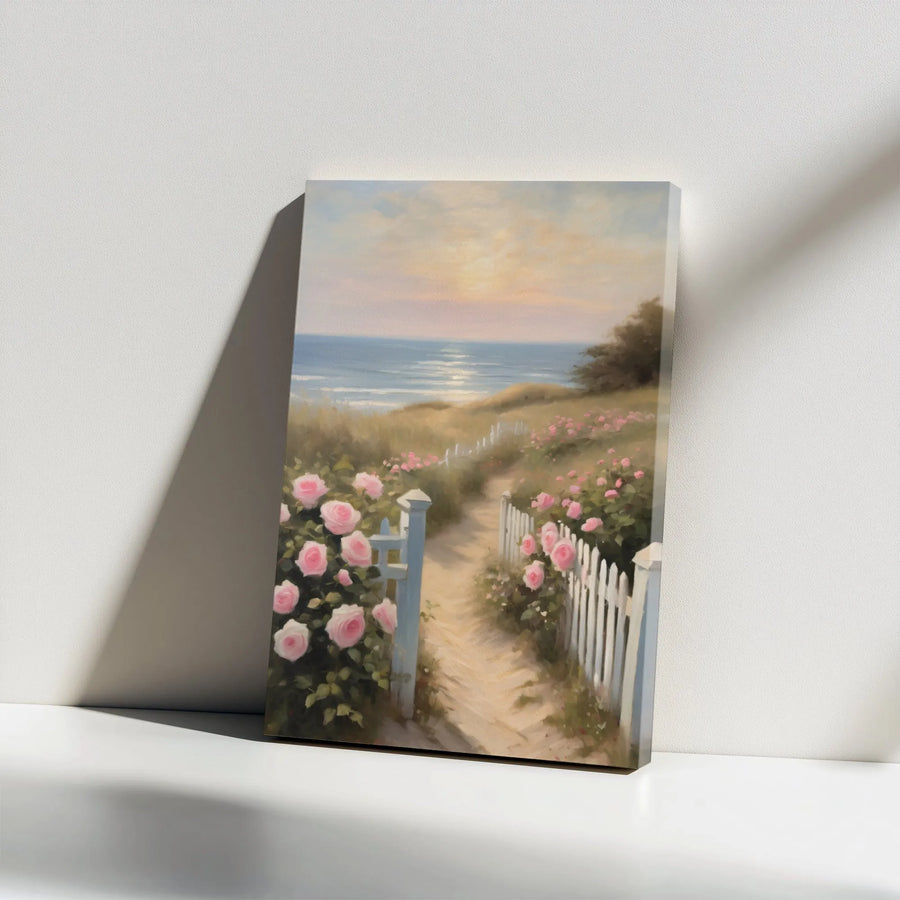 Coastal Rose Garden Canvas Wall Art | Vintage Seascape Path with Pink Roses | Premium Gallery Wrapped Canvas | Beach House Wall Decor Gift