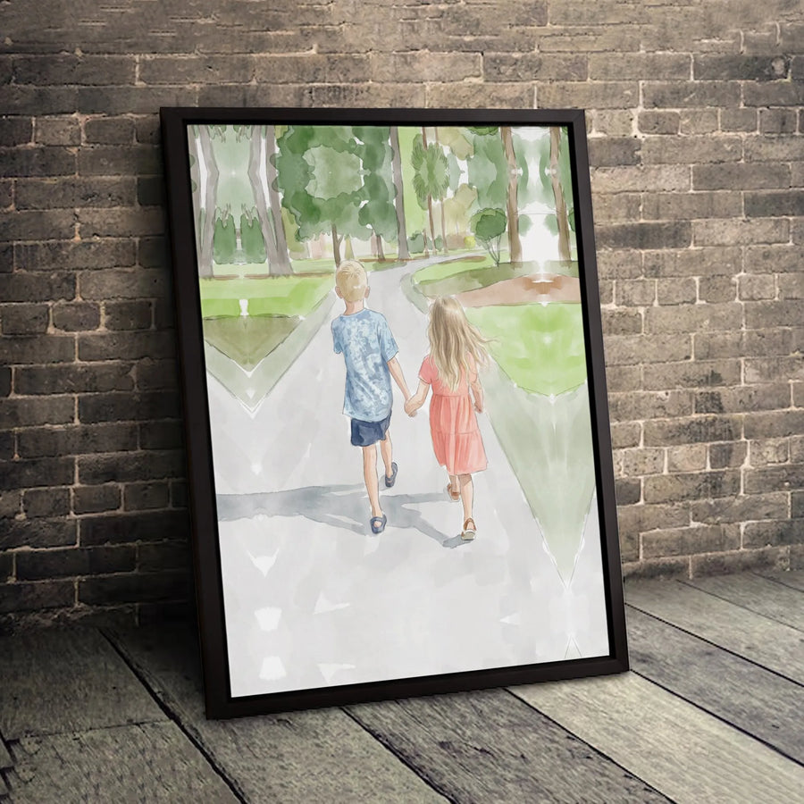 Boy and Girl Walking Canvas Art | Watercolor Kids Holding Hands Print | Premium 1.25 Inch Gallery Wrap | Sentimental Home Decor Gift