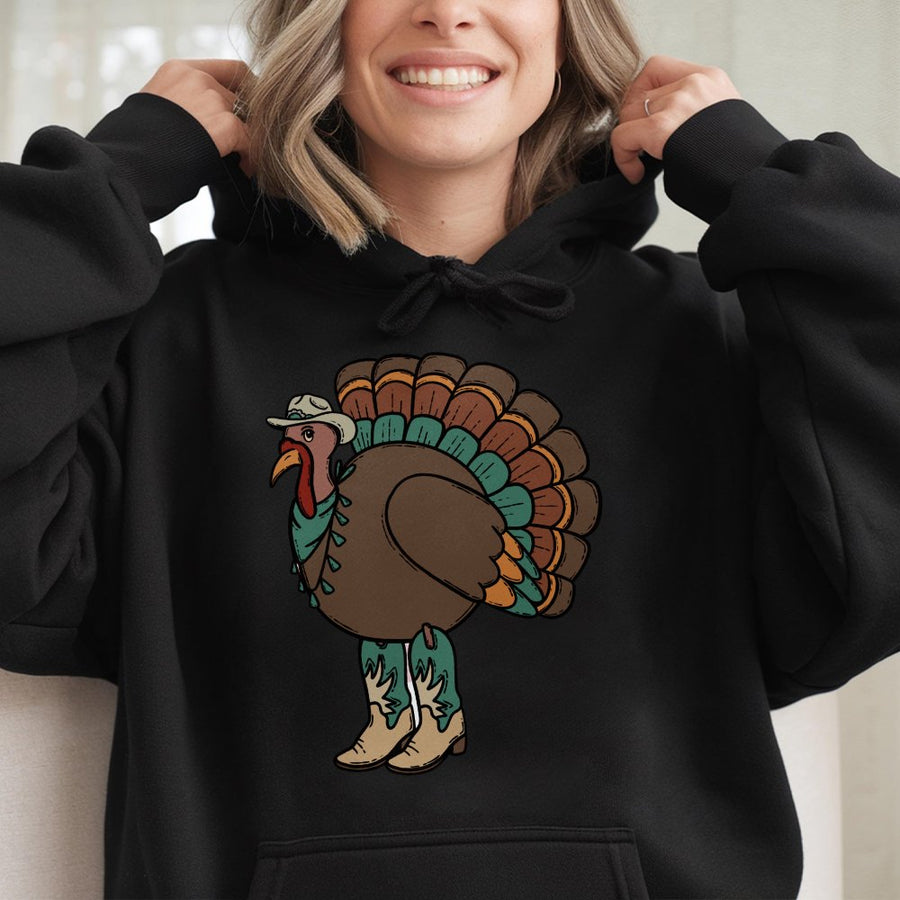 Cowboy Turkey Hoodie | Funny Western Thanksgiving Graphic | Premium Cotton Blend | Unisex Holiday Gift for Men and Women
