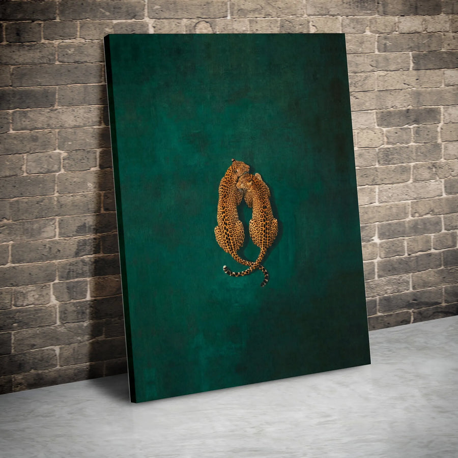 Leopard Wall Art Canvas | Two Cuddling Leopards With Intertwined Tails | Premium Gallery Wrapped Print | Botanical Green Wildlife Decor Gift