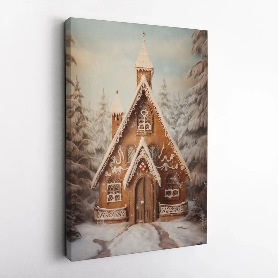 Gingerbread House Church Canvas Wall Art | Snowy Winter Forest Landscape | Premium Gallery Wrap Print | Holiday Home Decor Gift