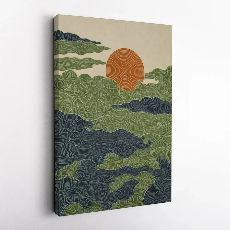 Japanese Wave Art Vertical Canvas | Retro Ukiyo-e Style Waves with Orange Rising Sun | Premium 1.25 Inch Frameless Gallery Wrap | Aesthetic Home Decor Gift for Art Lovers