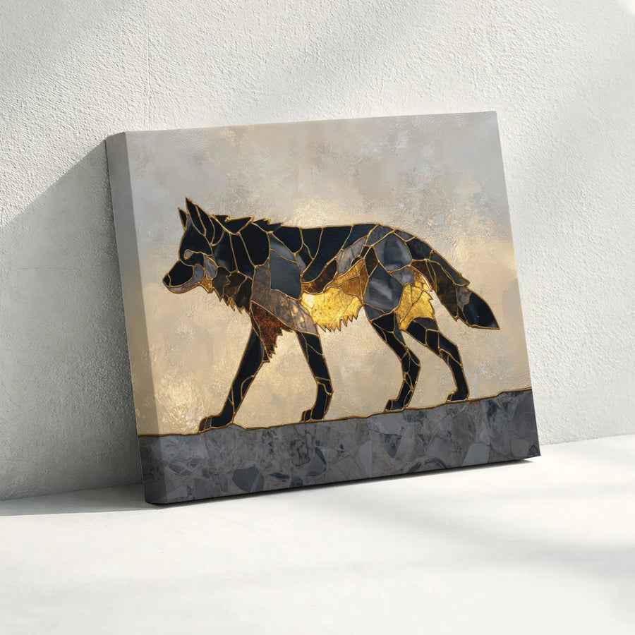 Wolf Mosaic Canvas Wall Art | Kintsugi Style Gold and Black Animal Art | Premium Gallery Wrapped Canvas | Modern Rustic Home Decor Gift