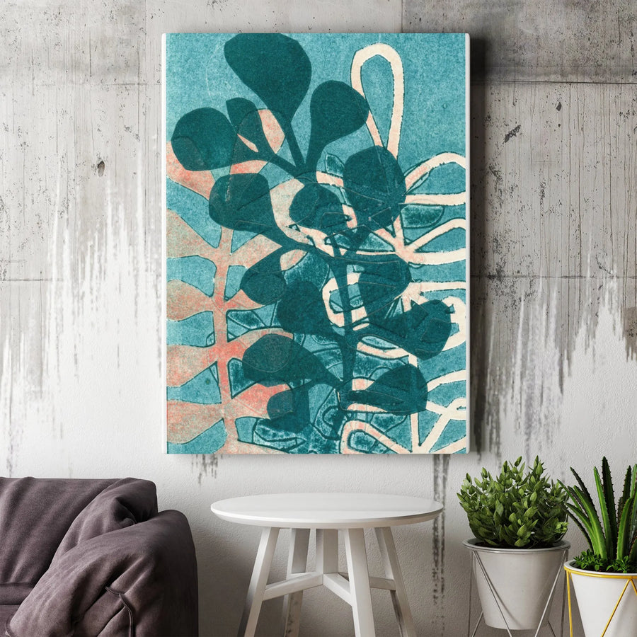 Abstract Botanical Vertical Canvas | Teal Linocut Style Leaf Print | Premium Thick Gallery Wall Art | Modern Minimalist Home Decor Gift