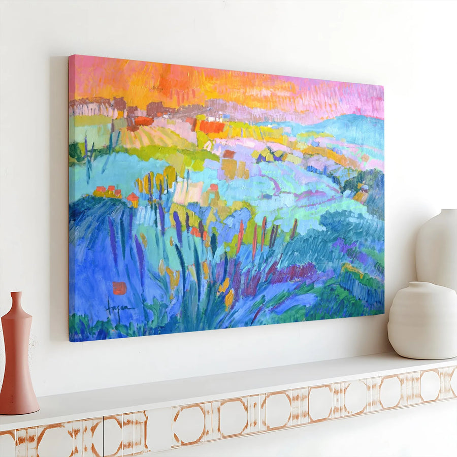 Impressionist Landscape Horizontal Canvas | Colorful Meadow Sunset Painting Style Art | Premium 1.25" Gallery Wrap Print | Modern Living Room Decor Gift
